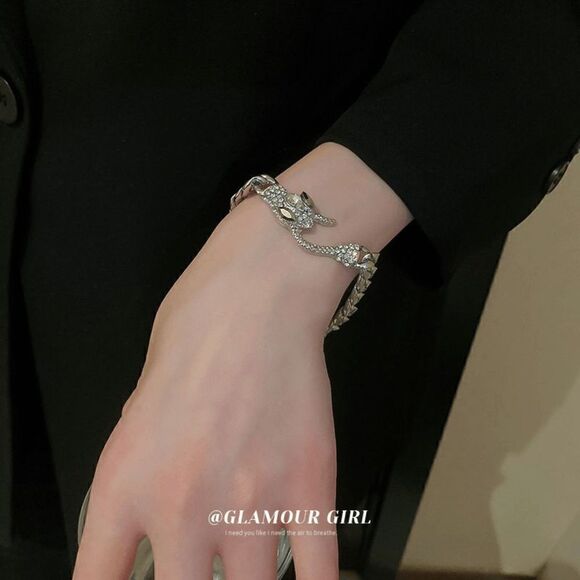 SILVER DIAMOND CUBAN CHAIN SNAKE BRACELET - Picture 2 of 5